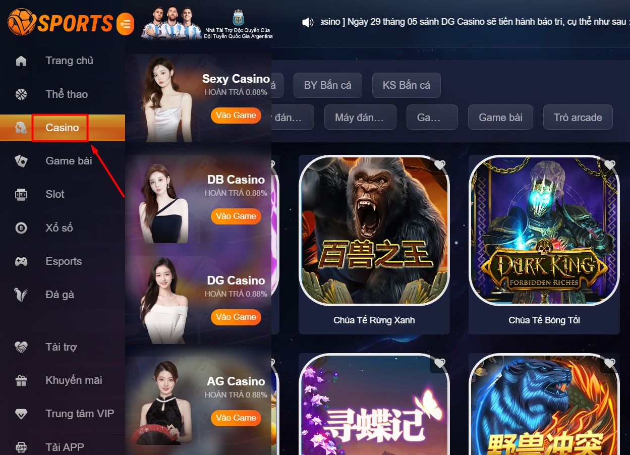 Hướng dẫn cách chơi game casino tại Vsport