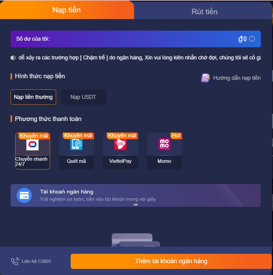 Nạp tiền vào tài khoản Vsports