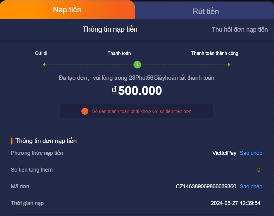 Chọn phương thức thanh toán nạp tiền